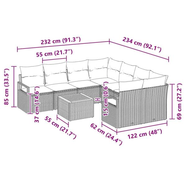 9-teiliges Garten Sofa Set mit Kissen Beige Poly Rattan Akazie, 2-Sitzer Garten Sofa mit Kissen Beige Poly Rattan