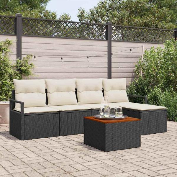 ARDEBO.de - 6-teiliges Garten Sofa Set mit Kissen Schwarz Poly Rattan Akazie, 2-Sitzer Garten Sofa mit Kissen Schwarz Poly Rattan