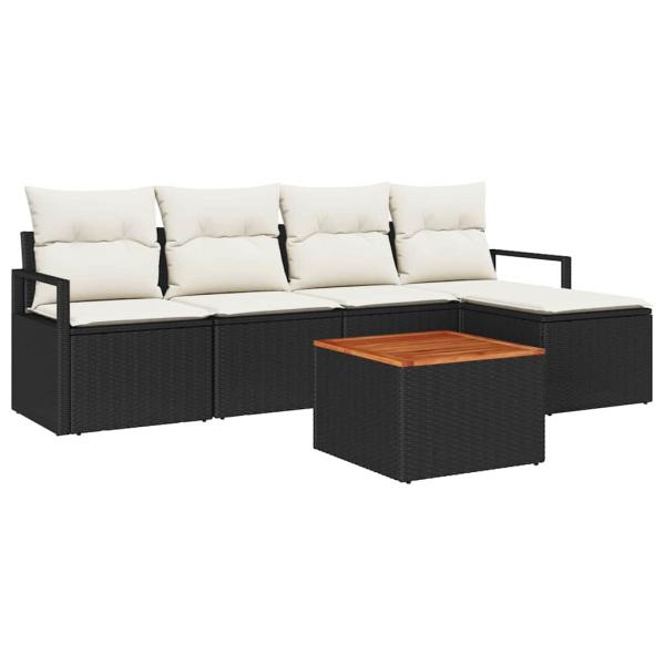 6-teiliges Garten Sofa Set mit Kissen Schwarz Poly Rattan Akazie, 2-Sitzer Garten Sofa mit Kissen Schwarz Poly Rattan
