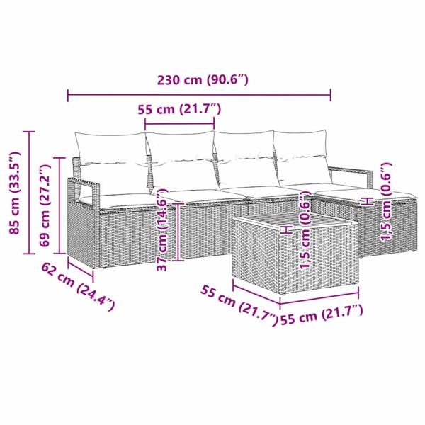 6-teiliges Garten Sofa Set mit Kissen Beiges Poly Rattan Akazie, 2-Sitzer Garten Sofa mit Kissen Beiges Poly Rattan