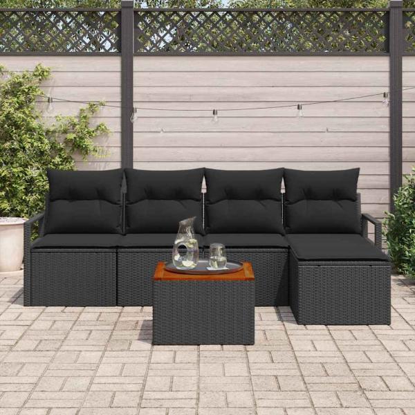 6-teiliges Garten-Sofa-Set mit Kissen Schwarzes Poly-Rattan Akazie, 2-Sitzer Garten-Sofa mit Kissen Schwarzes Poly-Rattan