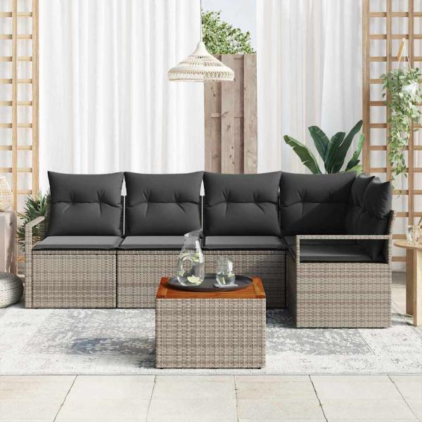 6-teiliges Garten Sofaset mit Kissen Grau Poly Rattan Akazie, 2-Sitzer Garten Sofa mit Kissen Grau Poly Rattan