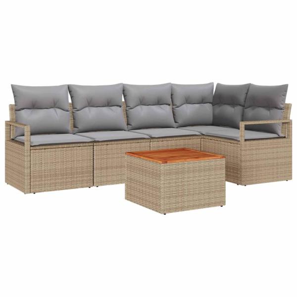 6-teiliges Garten Sofa Set mit Kissen Beige Poly Rattan Akazie, 2-Sitzer Garten Sofa mit Kissen Beige Poly Rattan