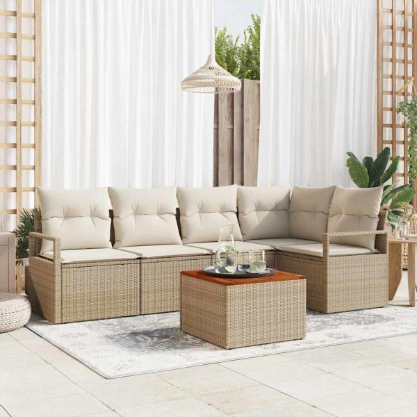 ARDEBO.de - 6-teiliges Garten Sofa Set mit Kissen Beige Poly Rattan Akazie, 2-Sitzer Garten Sofa mit Kissen Beige Poly Rattan