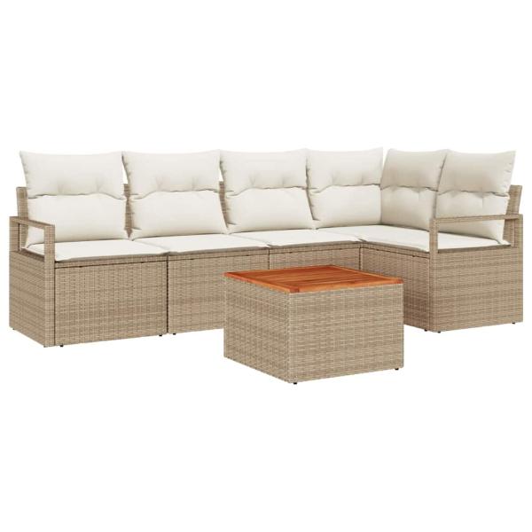 6-teiliges Garten Sofa Set mit Kissen Beige Poly Rattan Akazie, 2-Sitzer Garten Sofa mit Kissen Beige Poly Rattan