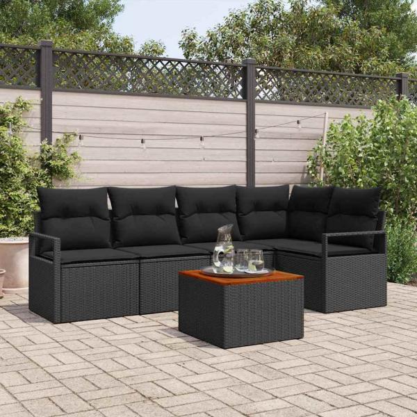ARDEBO.de - 6-teiliges Garten-Sofa-Set mit Kissen Schwarz Poly-Rattan Akazie, 2-Sitzer Garten-Sofa mit Kissen Schwarz Poly-Rattan