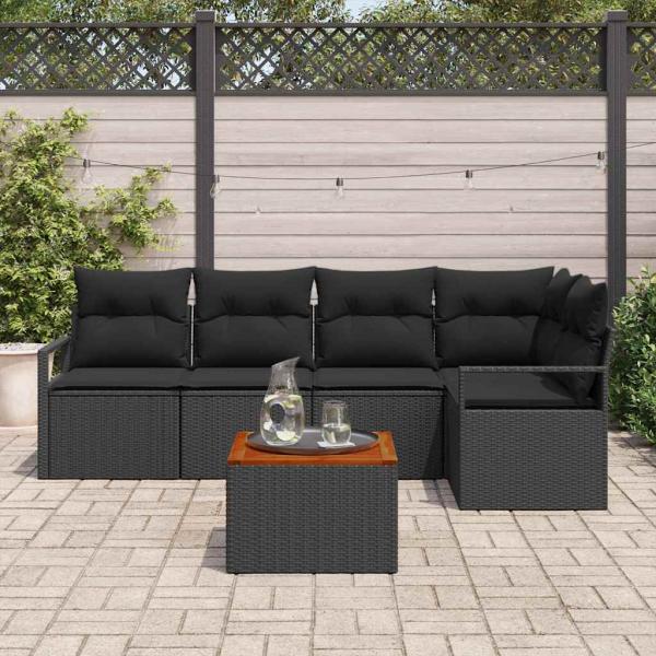 6-teiliges Garten-Sofa-Set mit Kissen Schwarz Poly-Rattan Akazie, 2-Sitzer Garten-Sofa mit Kissen Schwarz Poly-Rattan
