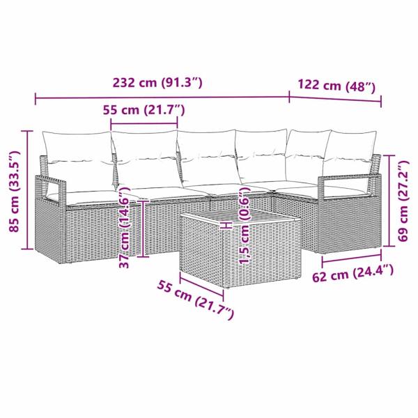 6-teiliges Garten-Sofa-Set mit Kissen Schwarz Poly-Rattan Akazie, 2-Sitzer Garten-Sofa mit Kissen Schwarz Poly-Rattan