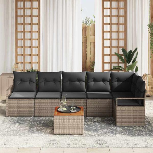 7-teilige Garten Sofa Set mit Kissen Grau Poly Rattan Akazie, 2-Sitzer Garten Sofa mit Kissen Grau Poly Rattan