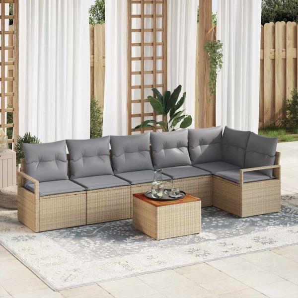 ARDEBO.de - 7-teiliges Garten-Sofa-Set mit Kissen Beige Poly Rattan Akazie, 2-Sitzer Garten-Sofa mit Kissen Beige Poly Rattan