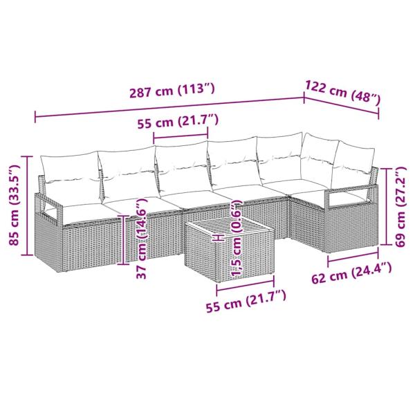 7-teiliges Garten-Sofa-Set mit Kissen Beige Poly Rattan Akazie, 2-Sitzer Garten-Sofa mit Kissen Beige Poly Rattan