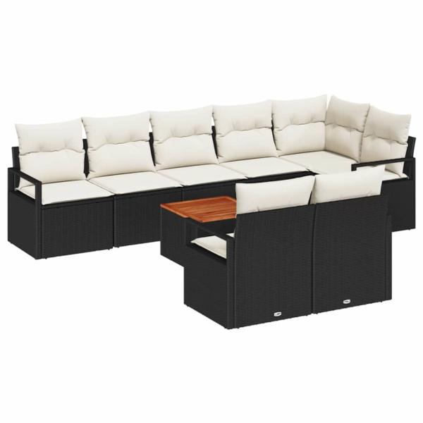 9-teiliges Garten-Sofa-Set mit Kissen Schwarz Poly Rattan Akazie, 2-Sitzer Garten-Sofa mit Kissen Schwarz Poly Rattan