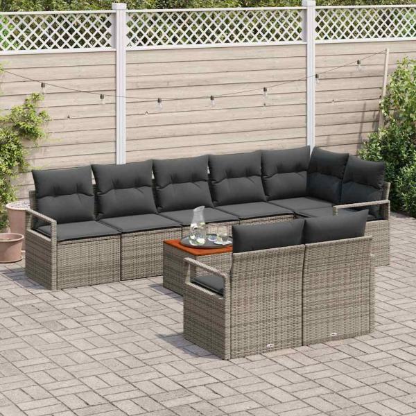 9-teiliges Garten Sofaset mit Kissen Grau Poly Rattan Akazie, 2-Sitzer Garten Sofa mit Kissen Grau Poly Rattan