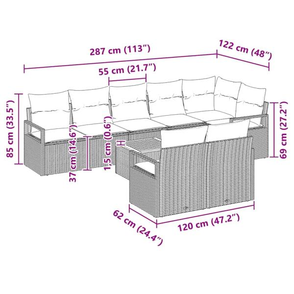 9-teiliges Garten Sofa Set mit Kissen Beige Poly Rattan Akazie, 2-Sitzer Garten Sofa mit Kissen Beige Poly Rattan