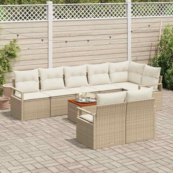 9-teiliges Garten Sofa Set mit Kissen Beige Poly Rattan Akazie, 2-Sitzer Garten Sofa mit Kissen Beige Poly Rattan