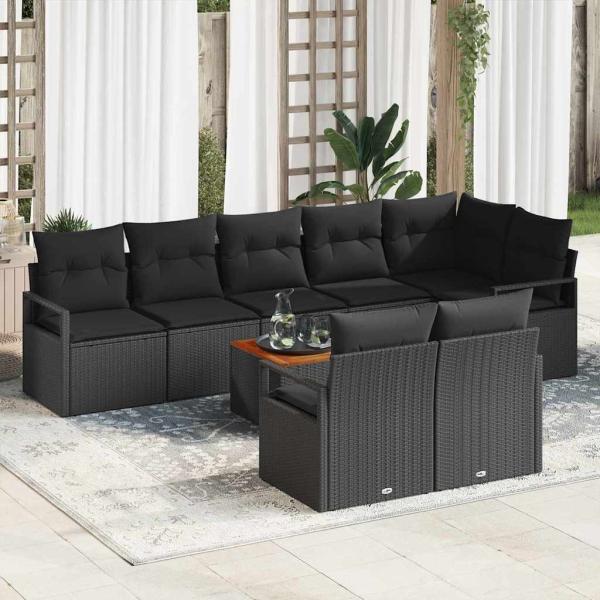 ARDEBO.de - 9-Teiliges Garten Sofa Set mit Kissen Schwarz Poly Rattan Akazie, 2-Sitzer Garten Sofa mit Kissen Schwarz Poly Rattan