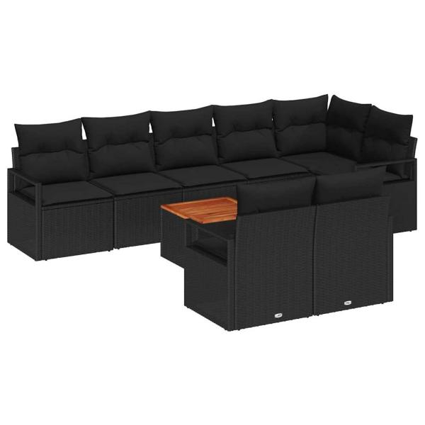 9-Teiliges Garten Sofa Set mit Kissen Schwarz Poly Rattan Akazie, 2-Sitzer Garten Sofa mit Kissen Schwarz Poly Rattan