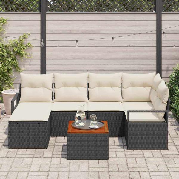 7-teiliges Garten Sofa Set mit Kissen Schwarz Poly Rattan Akazie, 2-Sitzer Garten Sofa mit Kissen Schwarz Poly Rattan
