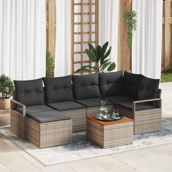 ARDEBO.de - 7-teiliges Garten Sofa Set mit Kissen Grau Poly Rattan Akazie, 2-Sitzer Garten Sofa mit Kissen Grau Poly Rattan