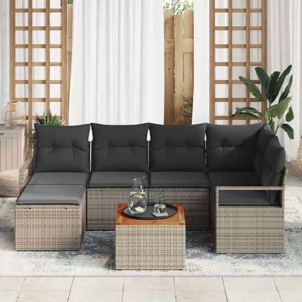7-teiliges Garten Sofa Set mit Kissen Grau Poly Rattan Akazie, 2-Sitzer Garten Sofa mit Kissen Grau Poly Rattan