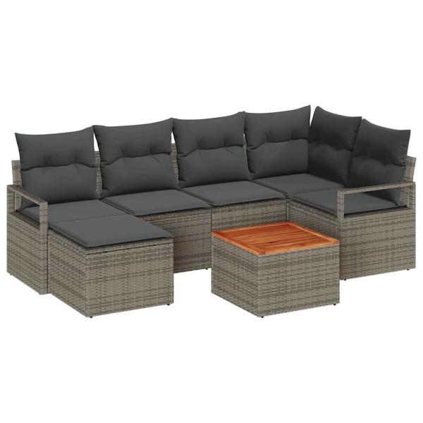 7-teiliges Garten Sofa Set mit Kissen Grau Poly Rattan Akazie, 2-Sitzer Garten Sofa mit Kissen Grau Poly Rattan