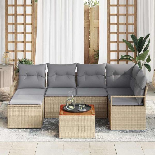 7-teiliges Garten Sofa Set mit Kissen Beige Poly Rattan Akazie, 2-Sitzer Garten Sofa mit Kissen Beige Poly Rattan