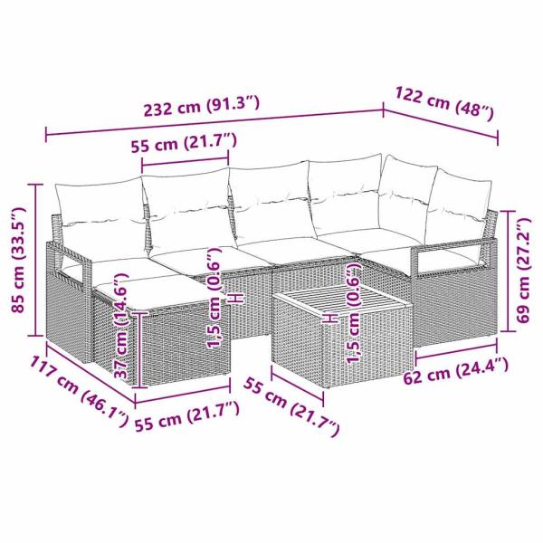 7-teiliges Garten Sofa Set mit Kissen Schwarz Poly Rattan Akazie, 2-Sitzer Garten Sofa mit Kissen Schwarz Poly Rattan