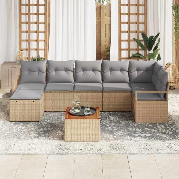 8-teiliges Garten Sofa Set mit Kissen - Beige Poly Rattan, 2-Sitzer Garten Sofa mit Kissen - Beige Poly Rattan