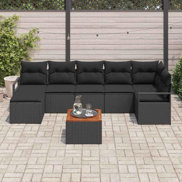 8-teiliges Garten-Sofa-Set mit Kissen Schwarz Poly-Rattan Akazie, 2-Sitzer Garten-Sofa mit Kissen Schwarz Poly-Rattan