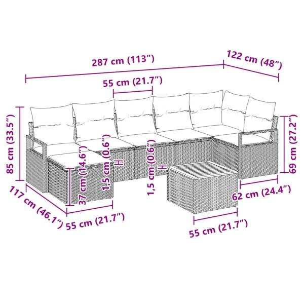 8-teiliges Garten-Sofa-Set mit Kissen Schwarz Poly-Rattan Akazie, 2-Sitzer Garten-Sofa mit Kissen Schwarz Poly-Rattan