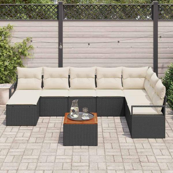9-teiliges Garten-Sofa-Set mit Kissen Schwarz Poly-Rattan Akazie, 2-Sitzer Garten-Sofa mit Kissen Schwarz Poly-Rattan