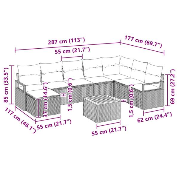 9-teiliges Garten-Sofa-Set mit Kissen Schwarz Poly-Rattan Akazie, 2-Sitzer Garten-Sofa mit Kissen Schwarz Poly-Rattan