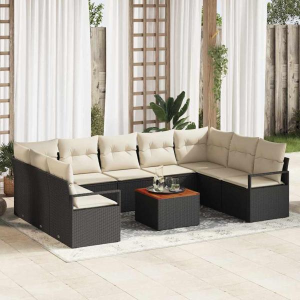 ARDEBO.de - 10-teiliges Garten Sofa Set mit Kissen Schwarz Poly-Rattan Akazie, 2-Sitzer Garten Sofa mit Kissen Schwarz Poly-Rattan