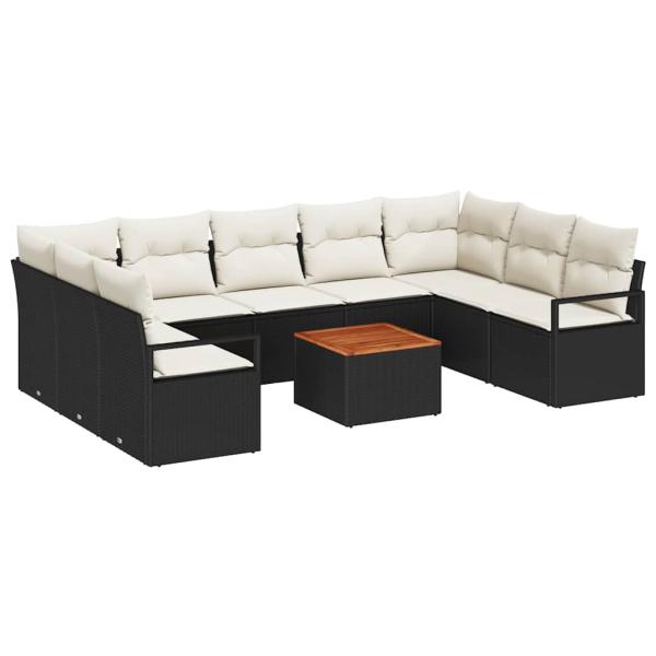 10-teiliges Garten Sofa Set mit Kissen Schwarz Poly-Rattan Akazie, 2-Sitzer Garten Sofa mit Kissen Schwarz Poly-Rattan