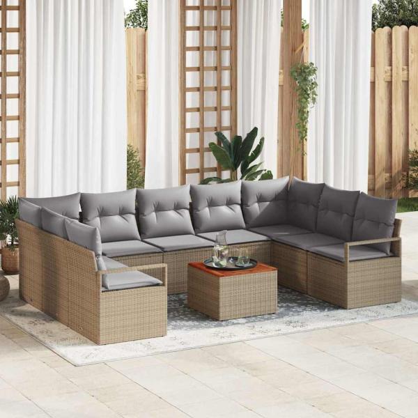 ARDEBO.de - 10-teiliges Garten-Sofa-Set mit Kissen Beige Poly Rattan Akazie, 2-Sitzer Garten-Sofa mit Kissen Beige Poly Rattan