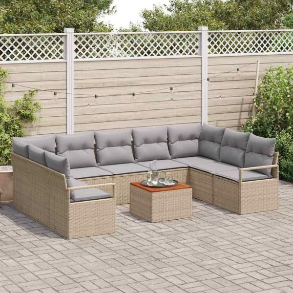 10-teiliges Garten-Sofa-Set mit Kissen Beige Poly Rattan Akazie, 2-Sitzer Garten-Sofa mit Kissen Beige Poly Rattan