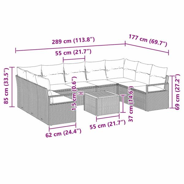10-teiliges Garten-Sofa-Set mit Kissen Beige Poly-Rattan Akazie, 2-Sitzer Garten-Sofa mit Kissen Beige Poly-Rattan