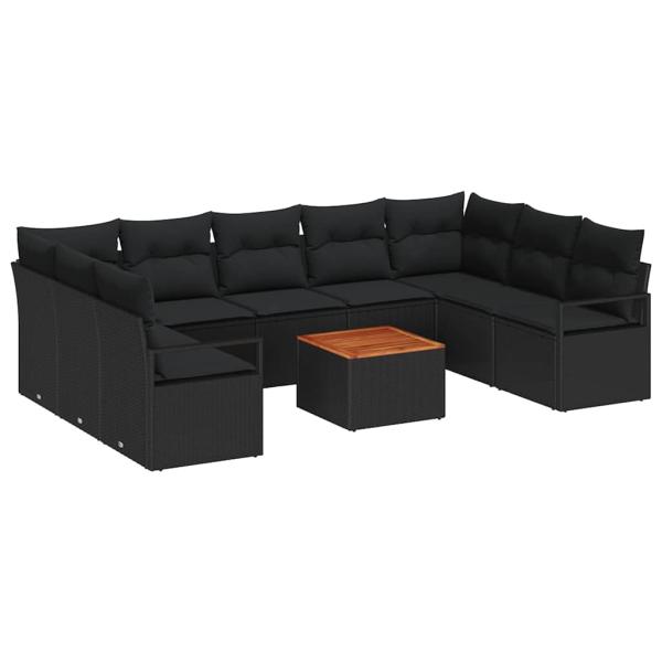 10-teiliges Garten Sofa Set mit Kissen Schwarz Poly Rattan Akazie, 2-Sitzer Garten Sofa mit Kissen Schwarz Poly Rattan