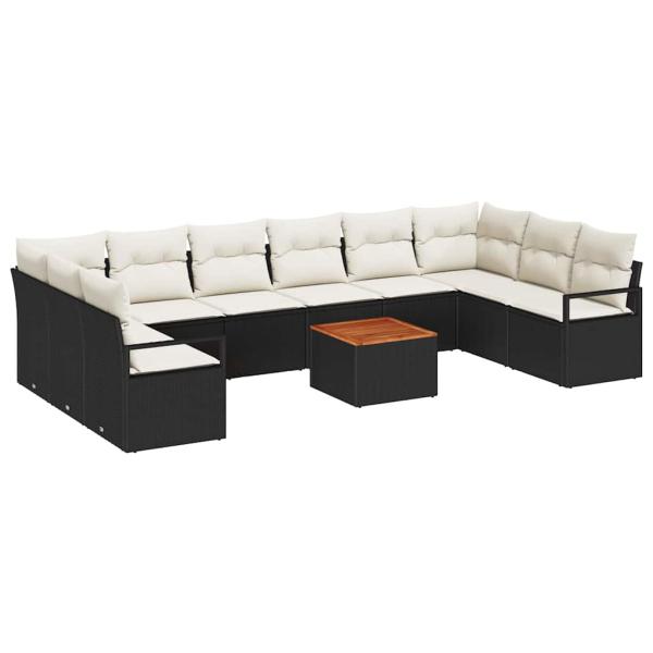 11-teiliges Garten-Sofa-Set mit Kissen Schwarz Poly-Rattan Akazie, 2-Sitzer Garten-Sofa mit Kissen Schwarz Poly-Rattan