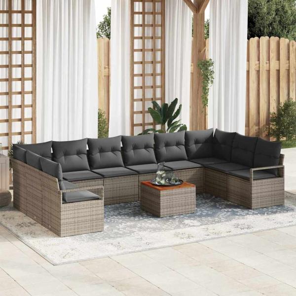 ARDEBO.de - 11-teiliges Garten Sofaset mit Kissen Grau Poly Rattan Akazie, 2-Sitzer Garten Sofa mit Kissen Grau Poly Rattan