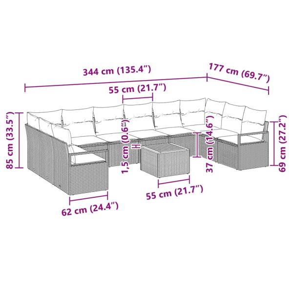 11-teiliges Garten-Sofa-Set mit Kissen Beige Poly Rattan Akazie, 2-Sitzer Garten-Sofa mit Kissen Beige Poly Rattan