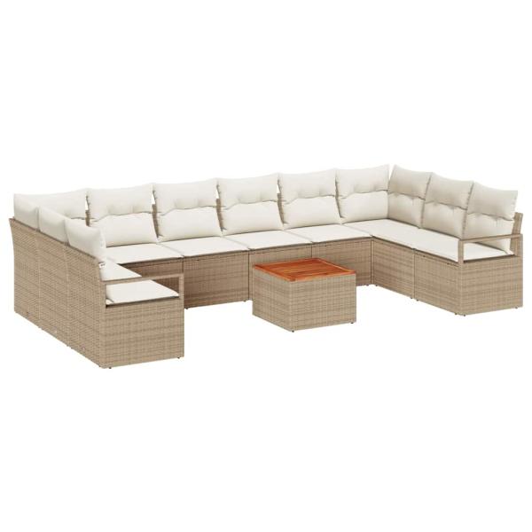 ARDEBO.de - 11-teiliges Garten Sofa Set mit Kissen Beige Poly Rattan Akazie, 2-Sitzer Garten Sofa mit Kissen Beige Poly Rattan