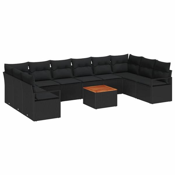 11-teiliges Garten Sofa Set mit Kissen Schwarz Poly Rattan Akazie, 2-Sitzer Garten Sofa mit Kissen Schwarz Poly Rattan