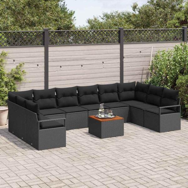 11-teiliges Garten Sofa Set mit Kissen Schwarz Poly Rattan Akazie, 2-Sitzer Garten Sofa mit Kissen Schwarz Poly Rattan