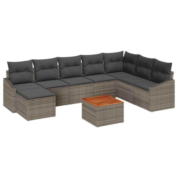9-teiliges Garten Sofa Set mit Kissen Grau Poly Rattan Akazie