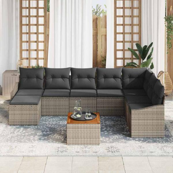 9-teiliges Garten Sofa Set mit Kissen Grau Poly Rattan Akazie