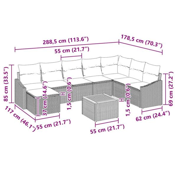 9-teiliges Garten Sofa Set mit Kissen Grau Poly Rattan Akazie