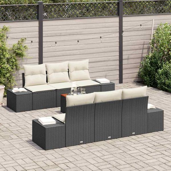 7-teiliges Garten Sofa Set mit Kissen Schwarz Poly Rattan Akazie