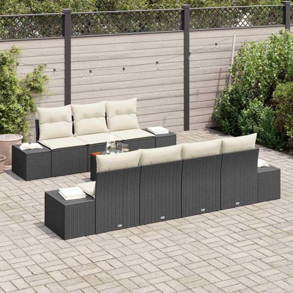 8-teiliges Garten-Sofa-Set mit Kissen in Schwarz und Poly-Rattan-Akazie