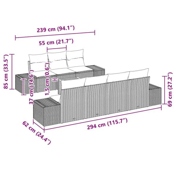 8-teiliges Garten Sofa Set mit Kissen Beige Poly Rattan Akazie